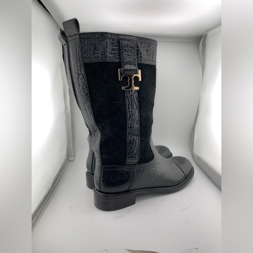Tory Burch Corey Mid Calf Flat Leather Embossed Black  Suede Boots Size 7M​​​​​​ - Picture 2 of 13